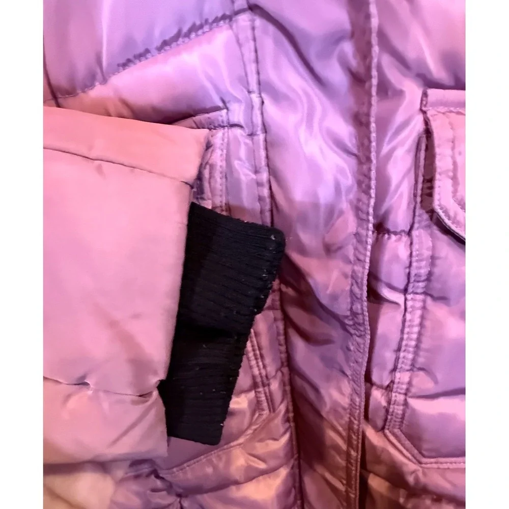 DKNY Girls Pink Puffer Coat Faux Fur Hood Long Winter Jacket Size 10/12 M/L
